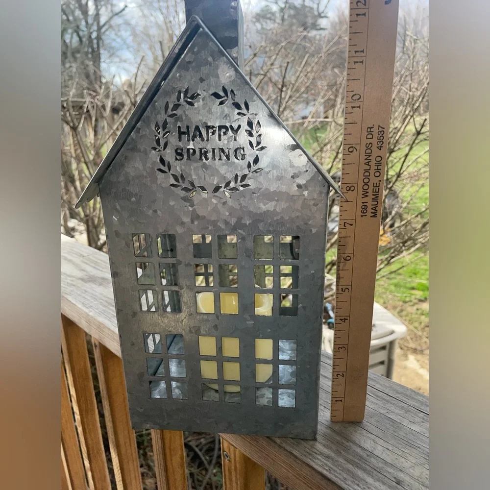Metal House Candle Lantern Light with 'Happy Spring' Cutout